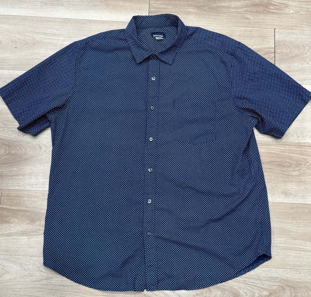 Basic Editions Men's Navy Blue Micro-Print Short Sleeve Button-Down Shirt